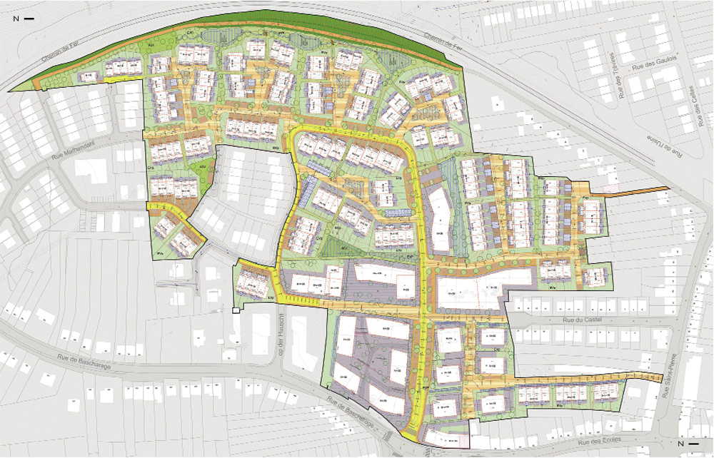 PAP Mathendahl à Niederkorn - Differdange
Maîtres d’ouvrage : Integra Investment sa / Tracol
Immobilier sa / Fonds du Logement
Superficie du PAP : 10,19 ha
Surface construite brute : 66.136 m² (utilisation
résidentielle : 90%)
Nombre d’unités résidentielles : 186 maisons
unifamiliales, 247 appartements
Autres fonctions : commerces, services, école primaire et maison relais. public://import2026/images/1440-01_01-IM-500_rev-09_plan_1_opt.jpg