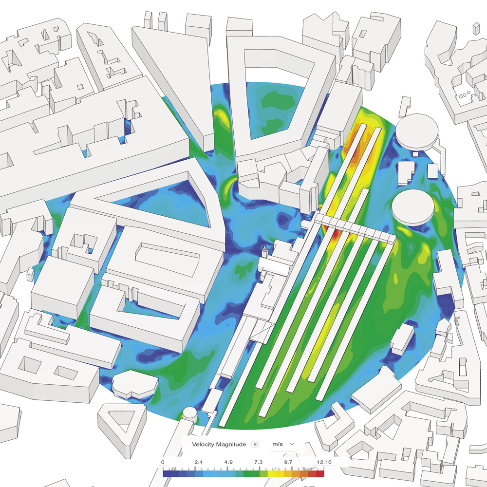 1 Représentation visuelle des vitesses moyennes du vent, calculées pour des vents provenant de l’Est/Nord-Est (60°), dans le quartier de la gare à Luxembourg public://import2026/images/1_Vent_quartier_Luxembourg_opt.jpg